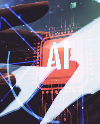A mobile device photo is double exposed with an image of a circuit with the letters "AI"