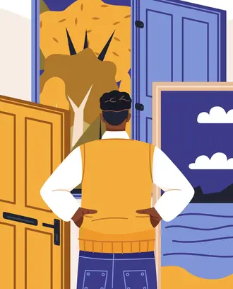 Illustration of person standing in front of several open doorways