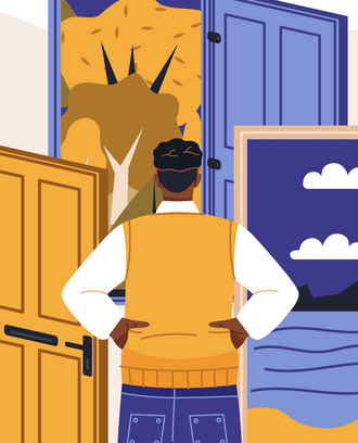 Illustration of person standing in front of several open doorways