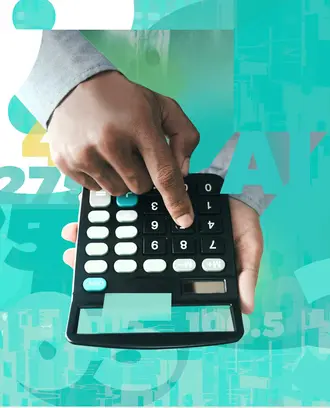 An illustration of a hand entering data on a calculator.