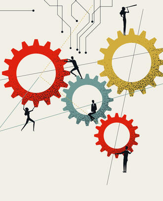An illustration of a team of workers working on cogwheels