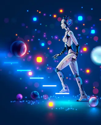 Robot woman walking up futuristic steps