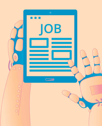 Robot hands typing a job listing on a tablet