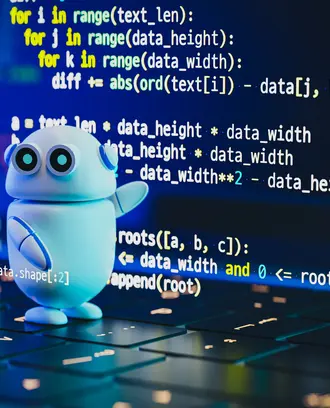 Small, 3D white round chatbot pointing at code on computer screen