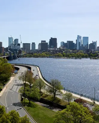 View of boston skyline over the Charles River from E62, looking in the direction of the Longfellow Bridge