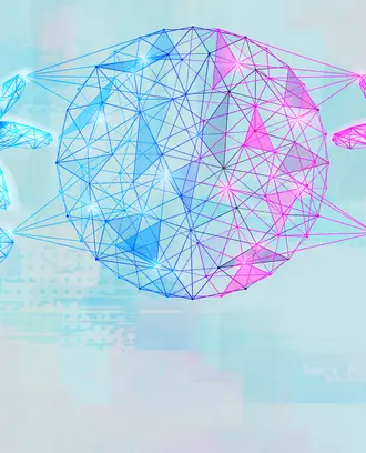 Two hands hold the earth in a polygonal artificial intelligence design