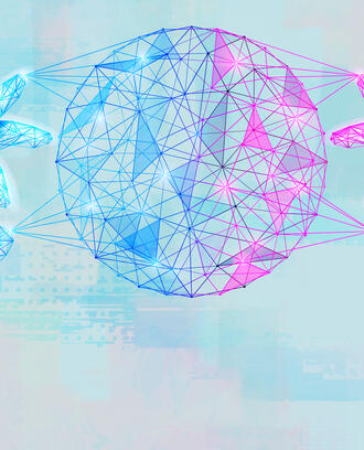 Two hands hold the earth in a polygonal artificial intelligence design