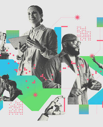 A collage of employees, artificial intelligence, and geometric shapes