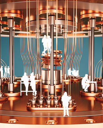 Silhouettes of various employees in a larger than life quantum computer