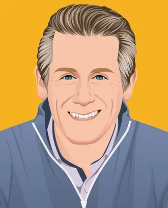 Illustration of smiling man wearing blue jacket against yellow background