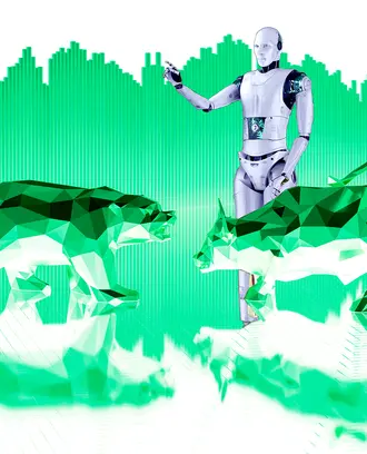 A robot, bear, and bull in front of a bar graph