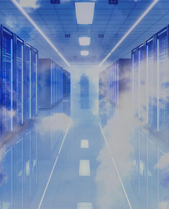 Clouds/carbon emission floating through a data center