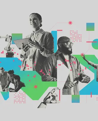 A collage of employees, artificial intelligence, and vibrant digital graphics
