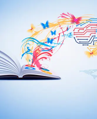 Various shapes and butterflies fly out of an open book and into a digital brain