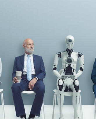 Three professionals and a robot sit in a waiting room