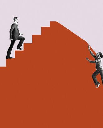 Illustration of a white man ascending steps on a hillside, while a woman of color struggles to rise on the other side, where there is not stairway