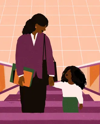 Illustration of a mother dressed for work going up an escalator with her child
