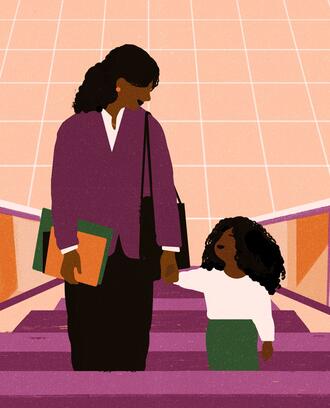 Illustration of a mother dressed for work going up an escalator with her child