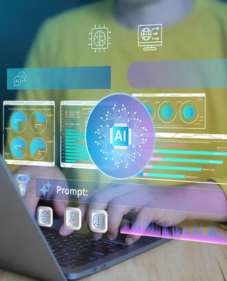 A person types on a computer with various AI screens and AI agents popping up