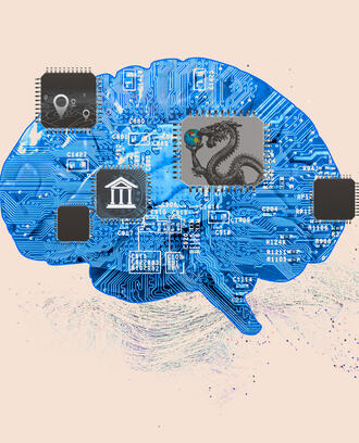 A circuit board in the shape of a brain is covered with microchips with images of a bank, gps points, and a dragon
