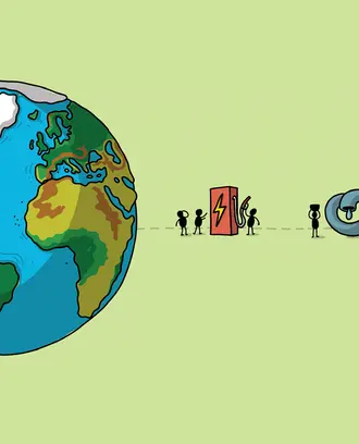 An illustration of a globe and elements of energy: wind turbine, battery, etc.