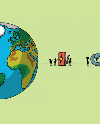 An illustration of a globe and elements of energy: wind turbine, battery, etc.