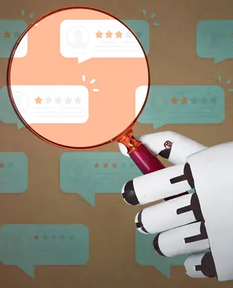 A robot holds a magnifying glass over customer reviews