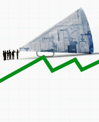 An illustration of workers talking into a megaphone on top of a line chart going up to the right