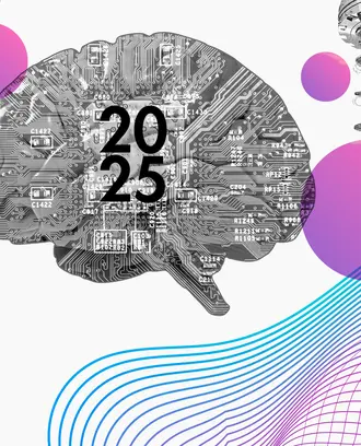 A circuit board in the shape of a brain and a quantum computer with abstract geometric shapes