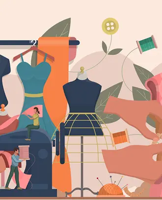 Illustration of clothes being designed with people and hands throughout the image and leaves in the background.