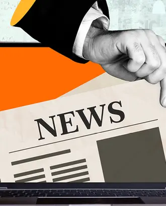 Illustration of newspaper front page being plucked out of laptop screen