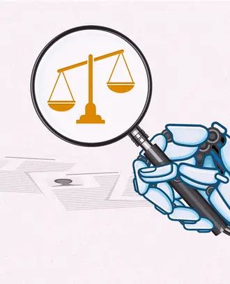 An illustration of a robot hand holding a magnifying glass with the justice scales magnified 