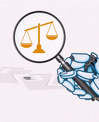 An illustration of a robot hand holding a magnifying glass with the justice scales magnified 