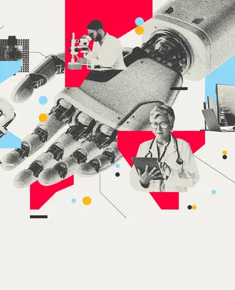 A robot hand with various professionals presented from industries ranging from healthcare, science, and manufacturing