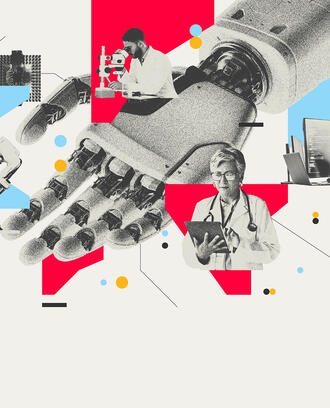 A robot hand with various professionals presented from industries ranging from healthcare, science, and manufacturing