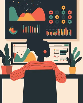 Employee working on multiple computer screens with various data and analytics