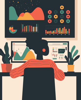 Employee working on multiple computer screens with various data and analytics