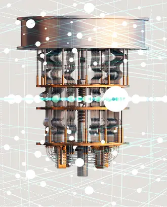 A rendering of a quantum computer in an abstract environment