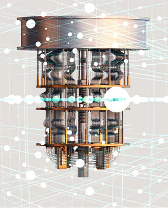 A rendering of a quantum computer in an abstract environment
