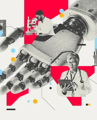 A robot hand with various professionals presented from industries ranging from healthcare, science, and manufacturing