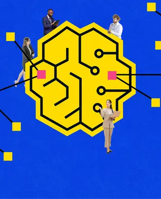 A photo illustration of business people around a brain, connecting points around an artificial intelligence network