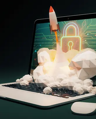 Rocket flies out of a laptop that has a cybersecurity graphic on the screen