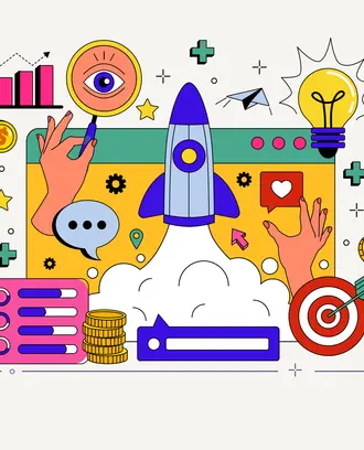 Business startup illustration featuring a rocket ship, charts, dart board, lightbulb, money, etc