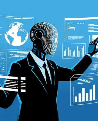 An AI agent multitasks various screens featuring charts, graphs, and travel arrangements