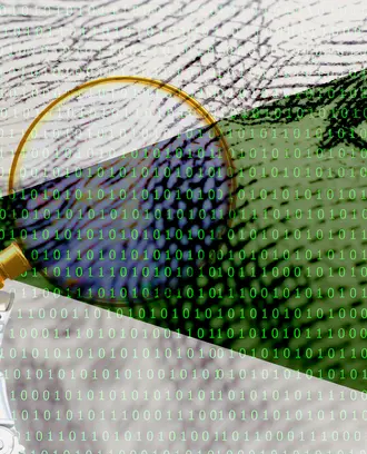 A robot hand holds a magnifying glass at a dollar bill made of binary code