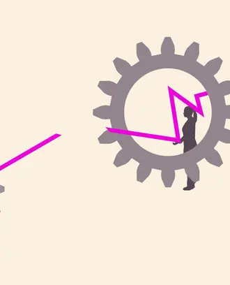 A set of cogwheels has been broken and two people try to relink it.