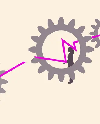 A set of cogwheels has been broken and two people try to relink it.