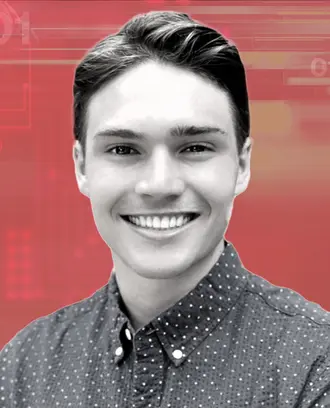 Portrait of Jarrett Heflin with a digital background containing binary code and a rocket