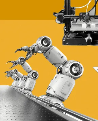 New manufacturing imagery: A robot manages an automation; a 3D printer; a worker uses a tablet with a robot arm on the screen
