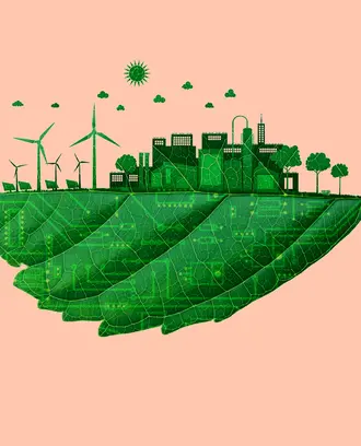 Leaf with city and windmills growing above graphic